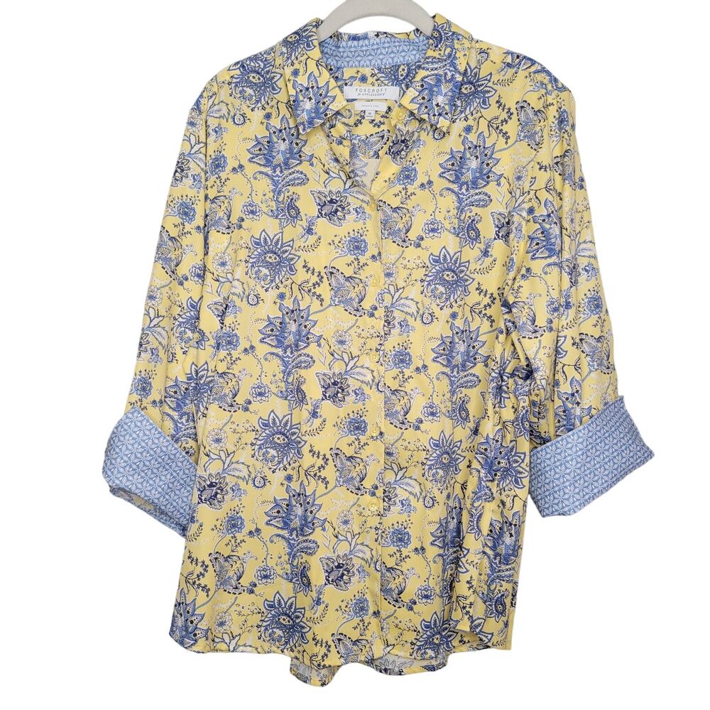 Foxcroft Yellow Floral Button-Front Shirt with Blue Accents
